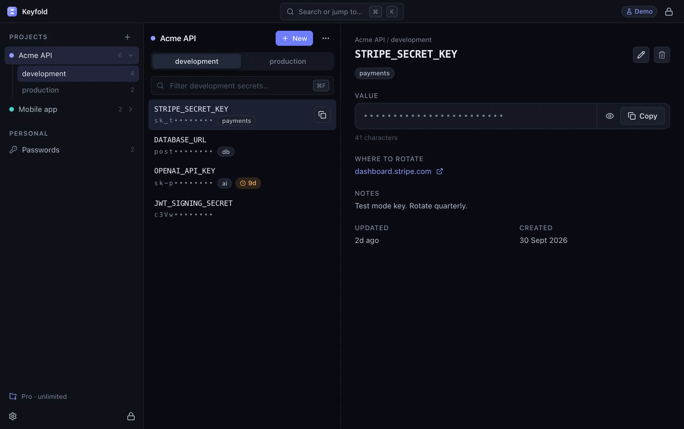 Keyfold's main window: projects, environments and API keys