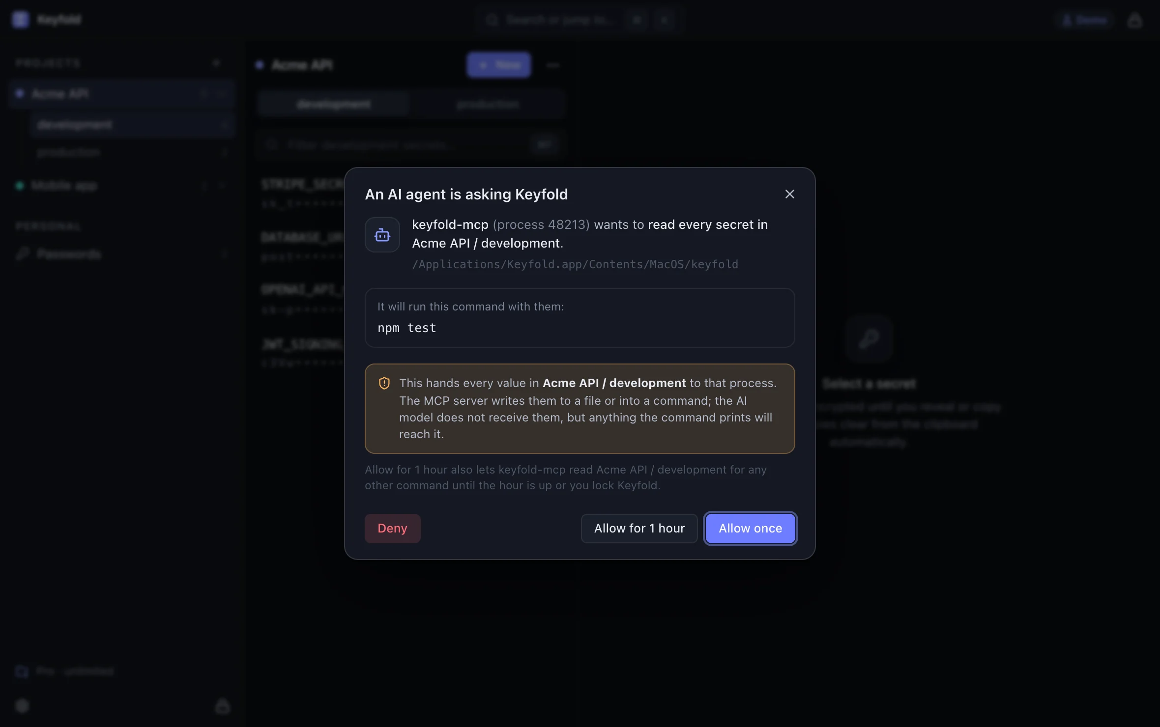 Keyfold's approval sheet: keyfold-mcp asks to read every secret in Acme API / development to run npm test, with Deny, Allow for 1 hour and Allow once