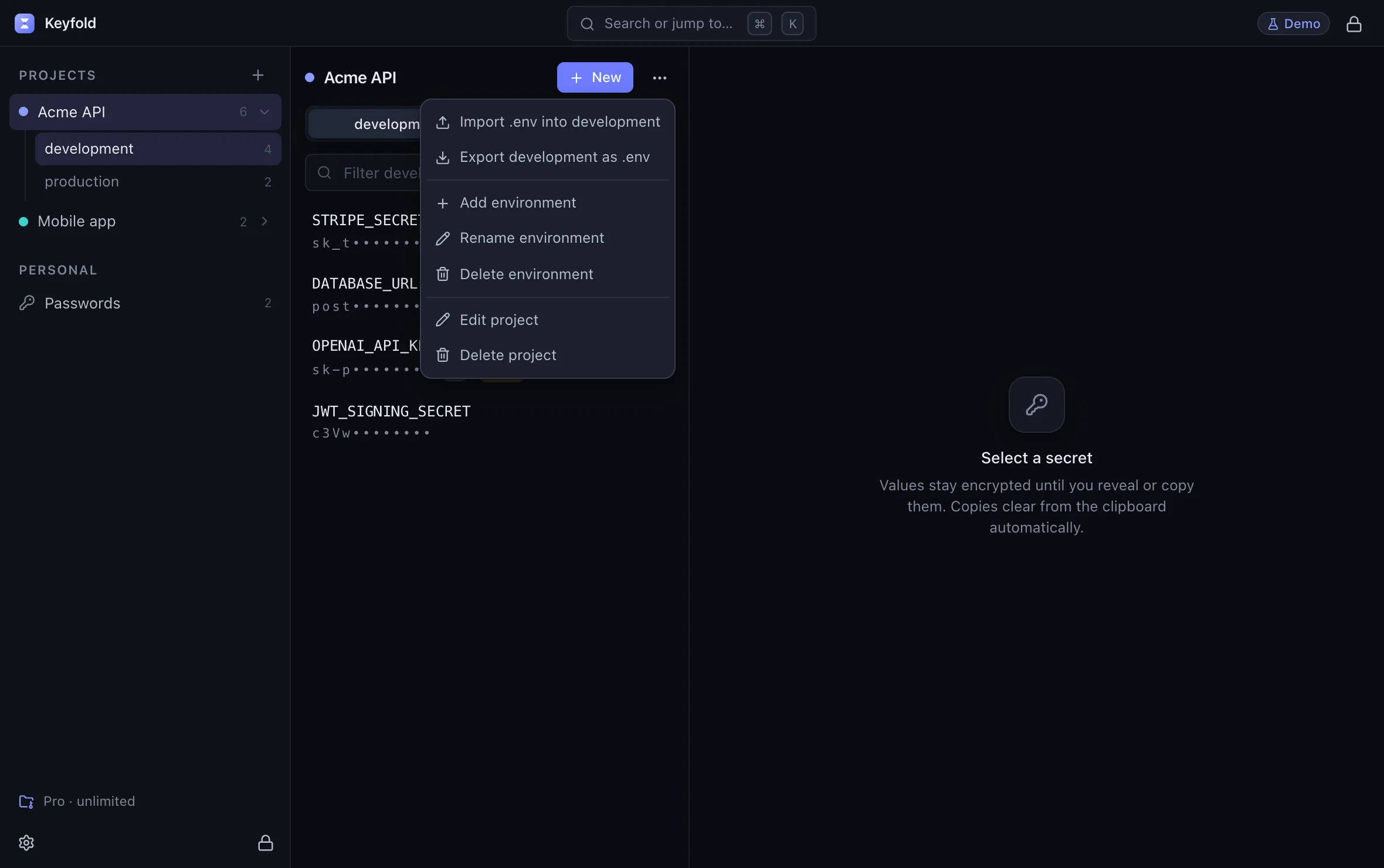 Keyfold's project menu with Import .env into development and Export development as .env