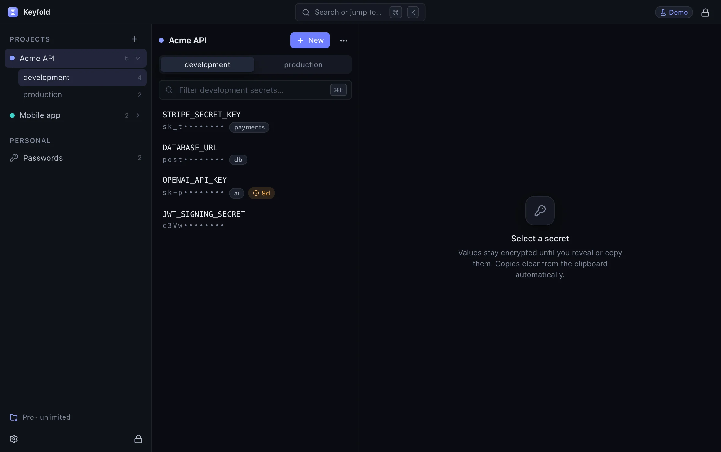 Keyfold's main window: the Acme API project's development environment with its API keys, masked